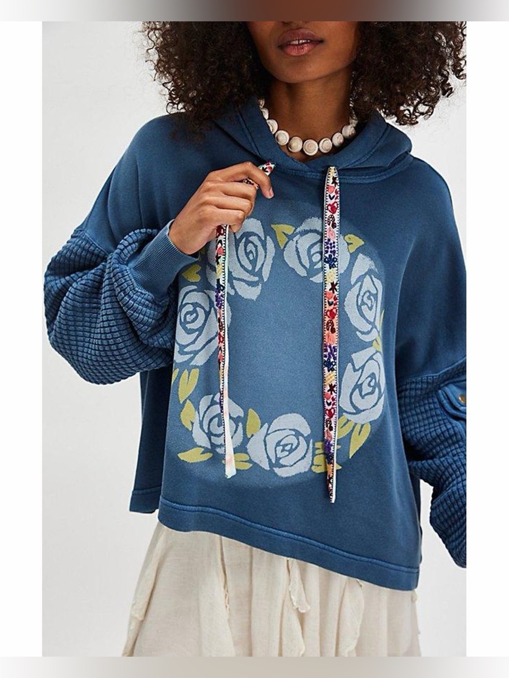 Free People Friendship Sweatshirt Blue Floral Hoodie Large